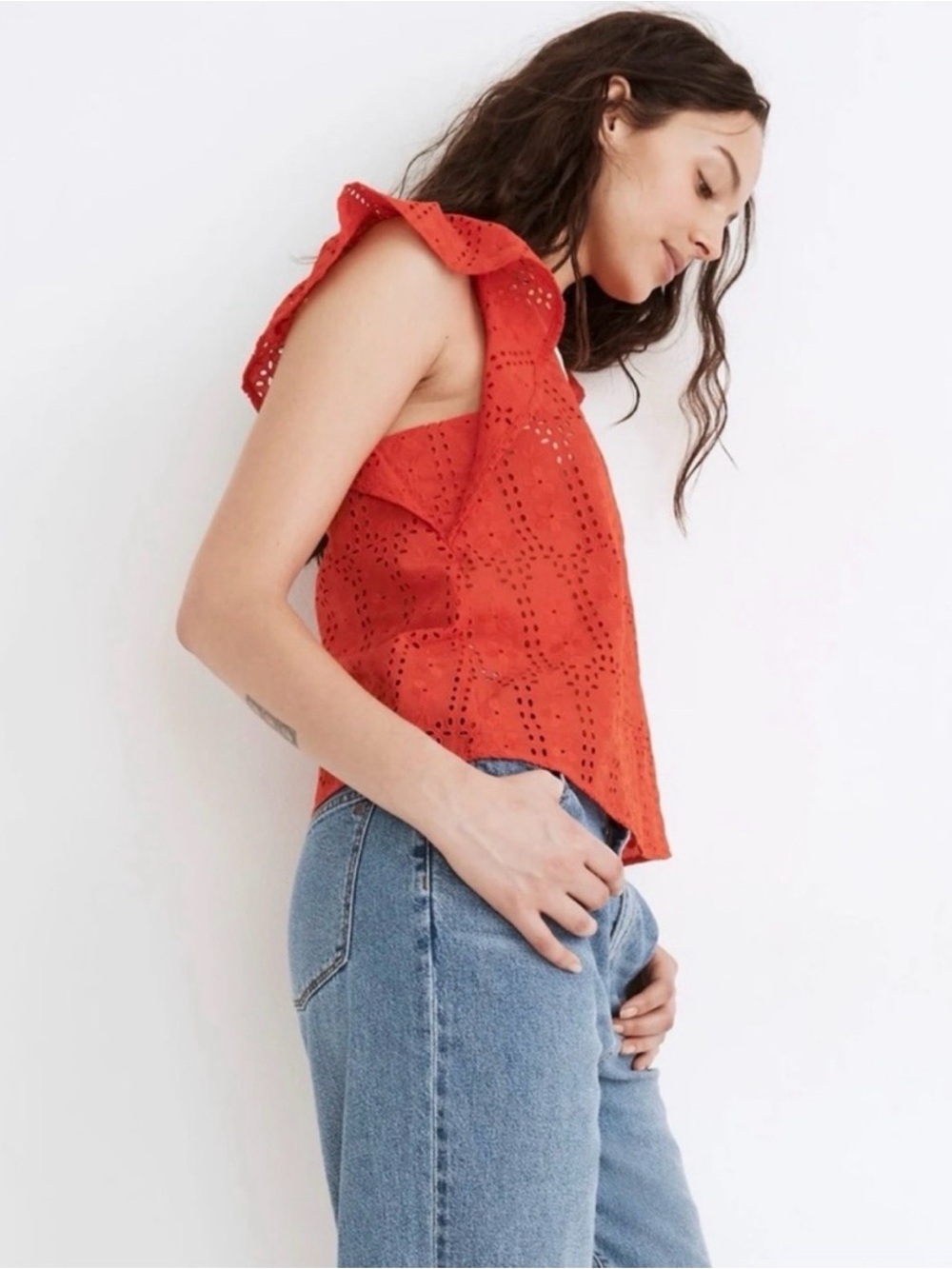 Madewell Orange Eyelet Flutter Sleeve Cotton Blouse Medium - Picture 3 of 9
